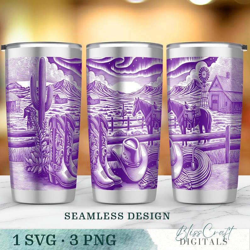 May include: Three stainless steel tumblers with a purple Western-themed design. The design features a cowboy scene with boots, a hat, a horse, and a windmill. The text "SEAMLESS DESIGN" and "1 SVG &bull; 3 PNG" are also visible.
