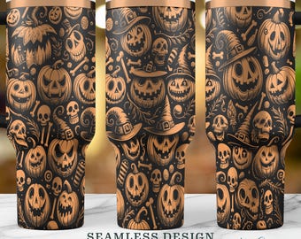 Halloween Pumpkin Witchy Hats SVG, Seamless Halloween Horror Candy 40oz Laser Tumbler Wrap PNG, Engraved Cup Design Instant Digital Download