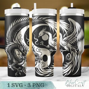 Yin Yang Dragon and Phoenix Digital SVG Design, Laser Engraving Wrap for 40oz Tumblers, Seamless Custom Name SVG image 1