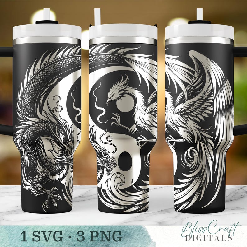 Yin Yang Dragon and Phoenix Digital SVG Design, Laser Engraving Wrap for 40oz Tumblers, Seamless Custom Name SVG image 1