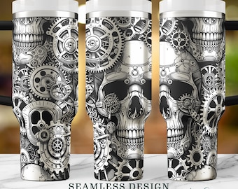 Laser Engraved Skull and Gears SVG, 40oz Tumbler Full Wrap Design, Seamless Steampunk Digital Download for DIY Projects