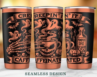 Creepin' it Caffeinated SVG, Seamless Halloween Pumpkin Spice Coffee Addict 20oz Tumbler Wrap,Laser Engraved Design,Instant Digital Download