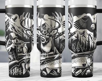 Hunting themed SVG, laser cut files, 40oz tumbler wrap, deer hunting design, fisherman gift, rifle and mountain scene, wilderness