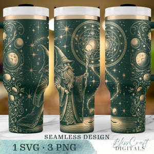 May include: A dark green tumbler with a gold and white lid, featuring a detailed illustration of a wizard with a staff, surrounded by stars, moons, and celestial designs. The words "Seamless Design" and "1 SVG • 3 PNG" are visible.