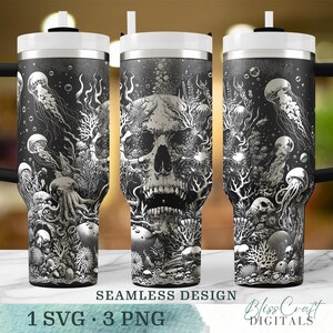 May include: A black and white tumbler featuring a detailed illustration of a skull surrounded by marine life, including jellyfish, coral, and an octopus. The tumbler has a white lid and straw. The words "SEAMLESS DESIGN" and "1 SVG • 3 PNG" are printed on the bottom.