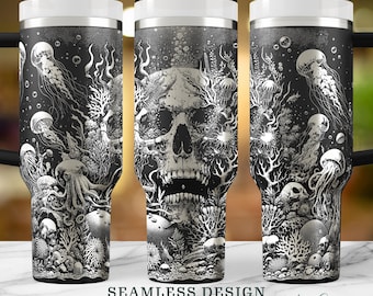 Dark Ocean Skull & Jellyfish Seamless SVG, Haunted Undersea Horror Digital Art, Creepy Underwater Vector, Laser Engraved Wrap