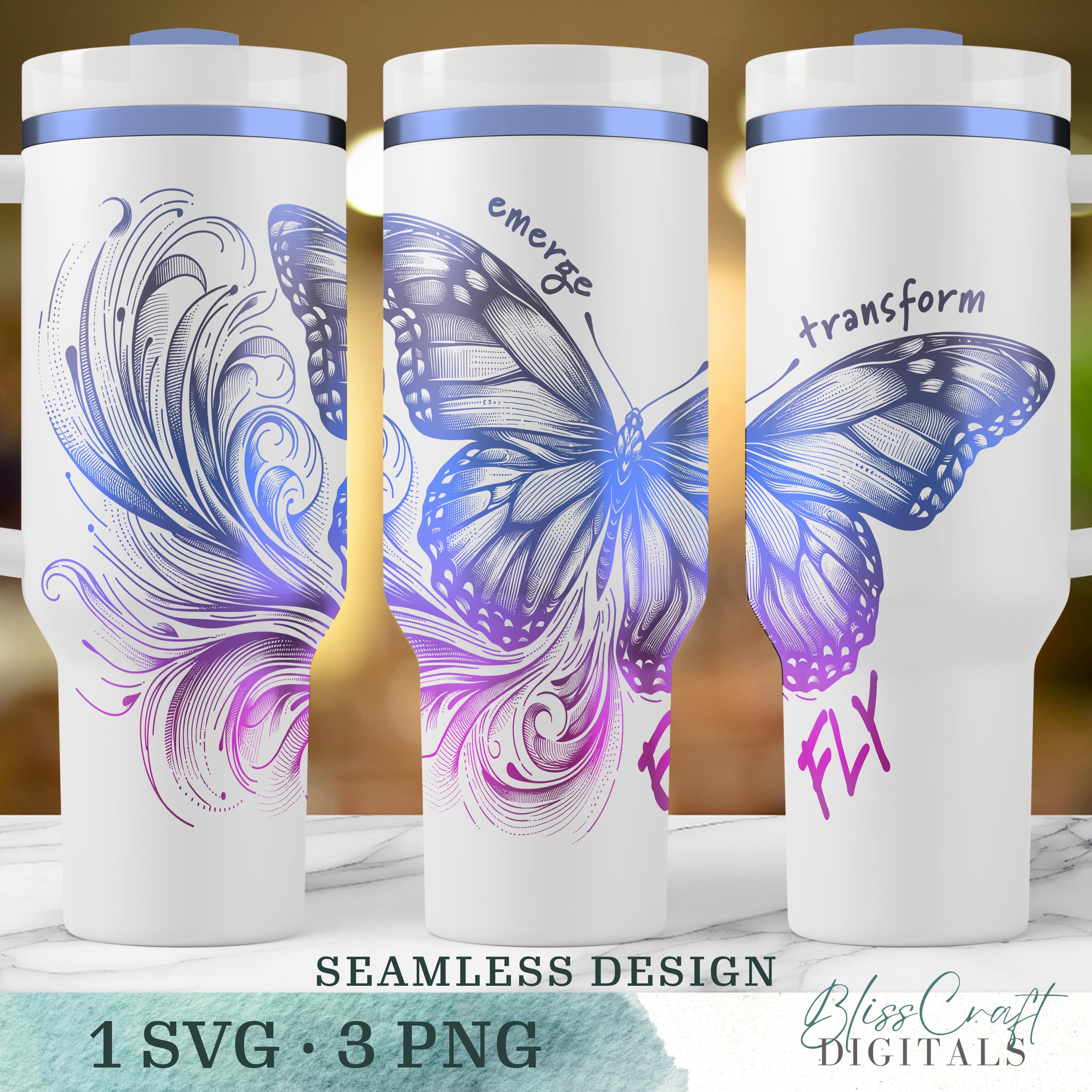 Inspirational Butterfly SVG "Emerge, Transform, Fly" Seamless 40oz Laser Engraved Tumbler Wrap Design to Engrave, Instant Digital Download