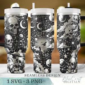 Könnte beinhalten: Ein Sublimationsdesign mit einem nahtlosen Muster aus Schädeln, Wolken, Sternen und Monden auf schwarzem Hintergrund. Das Design ist perfekt für die Erstellung von individuellen Bechern, Tassen und anderen Artikeln.