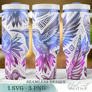 May include: A white tumbler with a seamless design featuring a hummingbird in shades of blue and purple. The design includes geometric patterns and floral elements. The tumbler has a blue rim and a white lid. The text "SEAMLESS DESIGN" and "1 SVG • 3 PNG" are visible.