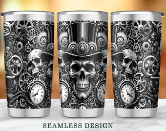 Steampunk Skull and Gears, Seamless Gear Head Laser Engraved 20oz Tumbler Full Wrap Design SVG, Instant Digital Download for DIY Projects