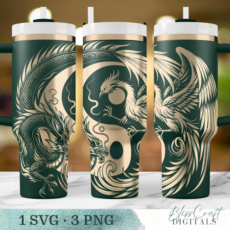 Yin Yang Dragon and Phoenix Digital SVG Design, Laser Engraving Wrap for 40oz Tumblers, Seamless Custom Name SVG image 3