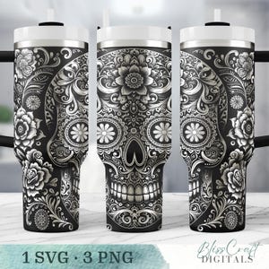 Sugar Skull Laser Cut Files – Floral Skull SVG, Day of the Dead Bundle, 40oz Tumbler Wrap & Printable Wall Art Digital Download