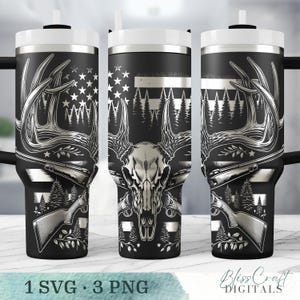 May include: A black and white tumbler with a design of a deer skull, crossed rifles, and an American flag. The tumbler has a lid and a straw.