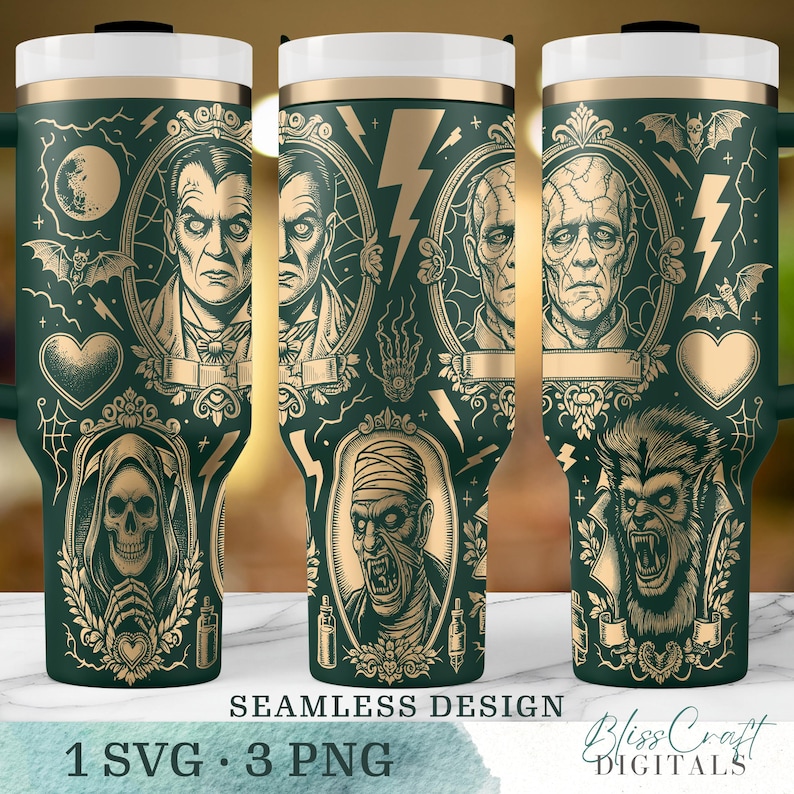 Classic Horror Movies Monsters SVG, Seamless Retro Halloween 40oz Laser Tumbler Wrap PNG, Laser Engraved Cup Design,Instant Digital Download image 4