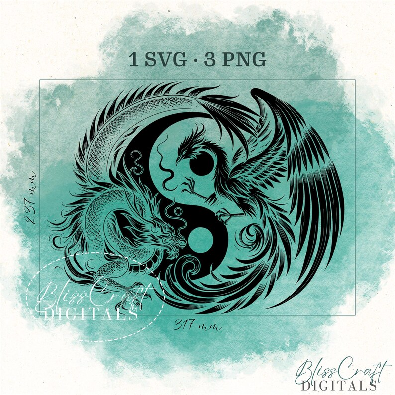 Yin Yang Dragon and Phoenix Digital SVG Design, Laser Engraving Wrap for 40oz Tumblers, Seamless Custom Name SVG image 2