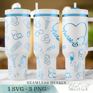 May include: White tumbler with a blue lid and a blue design of medical symbols, including a stethoscope, a heart, a bandage, a syringe, and the word "Nurse".
