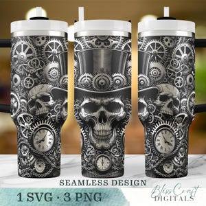 Könnte beinhalten: Ein Sublimationsdesign mit einem Totenkopf, der einen Zylinder trägt, umgeben von Zahnrädern und Uhrwerk. Das Design ist nahtlos und kann für Becher, Tassen oder andere Gegenstände verwendet werden.