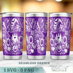 Lindos girasoles y calabazas fantasma SVG, envoltura de vaso láser de 20 oz con diseño de bruja de Halloween sin costuras PNG, diseño de taza grabado, descarga digital instantánea