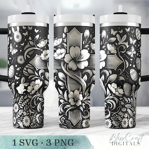 May include: A black and white tumbler with a floral design and a cross in the center. The tumbler is decorated with a floral pattern and a cross in the center. The tumbler is a sublimation design for a 20 oz tumbler.