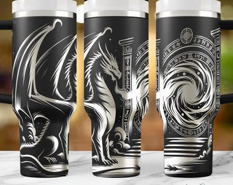 Dragon SVG digital design, laser engraved 40oz tumbler wrap, seamless dragon illustration, fantasy SVG art, downloadable file