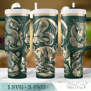 Seamless Dragon SVG Design Bundle, 40oz Laser Engraved Cup Design, Engraved 40oz Wrap, Laser Full Wrap, Custom Name SVG, Digital Download image 1