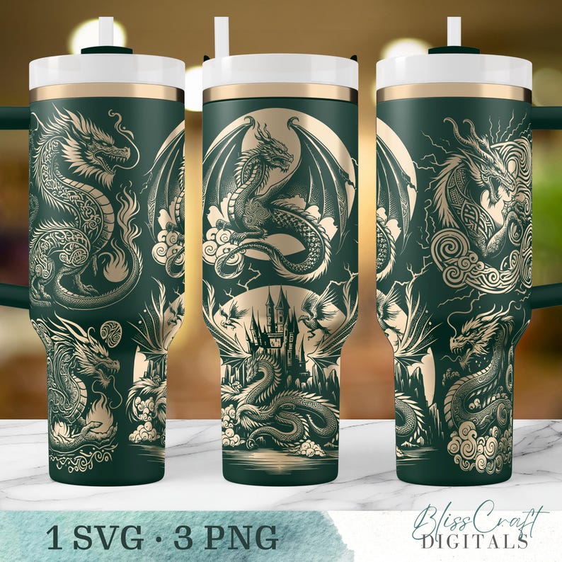 Seamless Dragon SVG Design Bundle, 40oz Laser Engraved Cup Design, Engraved 40oz Wrap, Laser Full Wrap, Custom Name SVG, Digital Download image 1