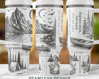 Nature Adventure SVG, Explore More Seamless 40oz tumbler wrap, Campfire and Canoe Digital Art, Wanderlust Engraving Design, Camping Quotes