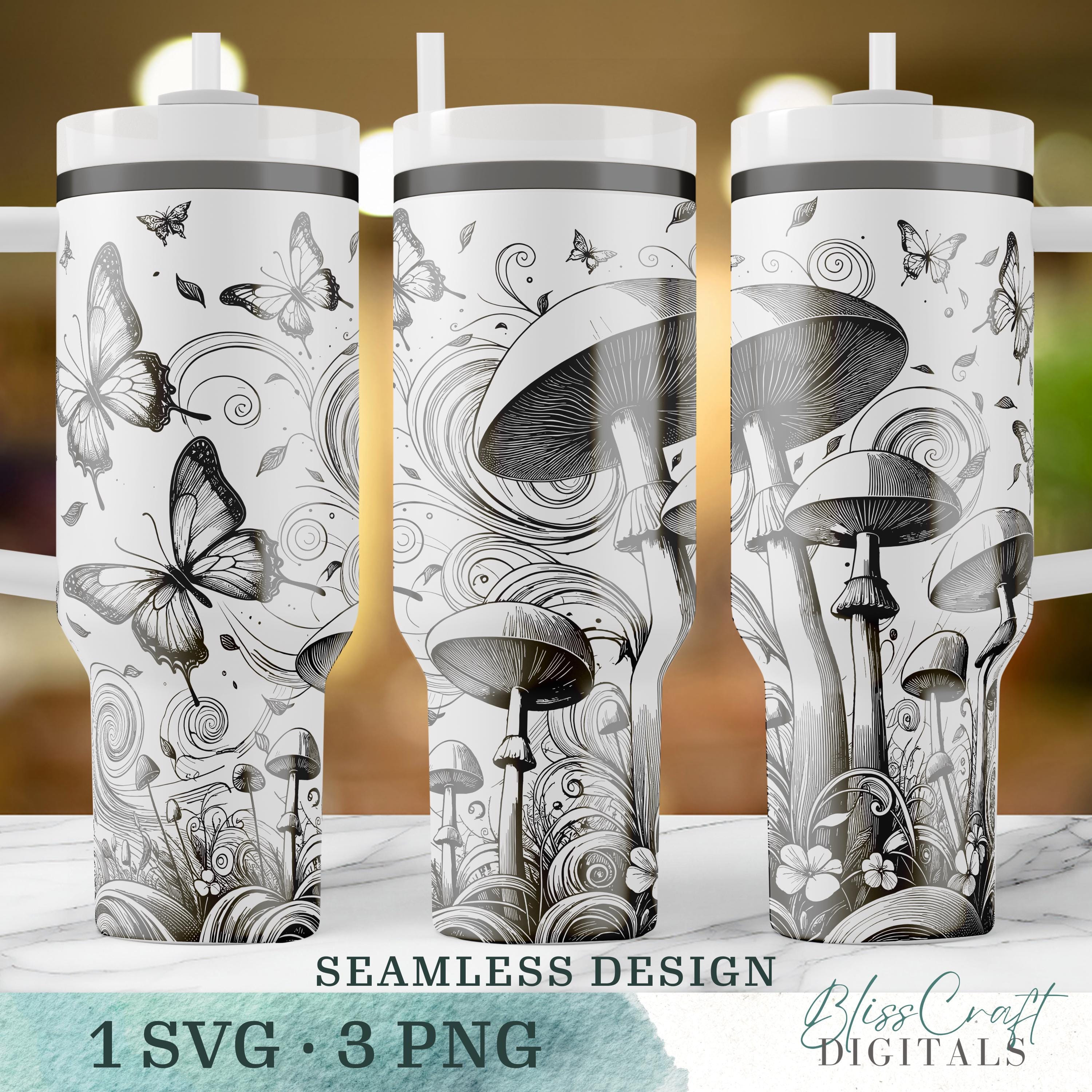 Cottagecore Mushroom Butterfly SVG Wrap for 40oz Laser Engraved Tumbler with Handle, Seamless Nature Engraving Design
