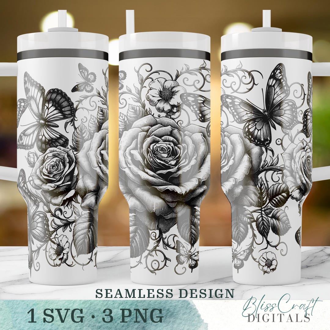 Butterfly Roses SVG Wrap for 40oz Laser Engraved Tumblers With Handle ...