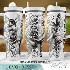 Butterfly Roses SVG Wrap for 40oz Laser Engraved Tumblers with Handle, Floral Butterflies Tumbler Engraving Design