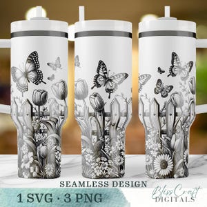 Butterfly Floral Garden SVG Wrap for 40oz Laser Engraved Tumblers with Handle, Seamless Butterfly Engraving Design