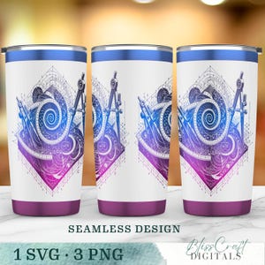 May include: White tumbler featuring a geometric design in blue, purple, and pink. The design includes a compass and a spiral. The tumbler has a blue rim and a purple base. The text "SEAMLESS DESIGN" and "1 SVG • 3 PNG" are visible.
