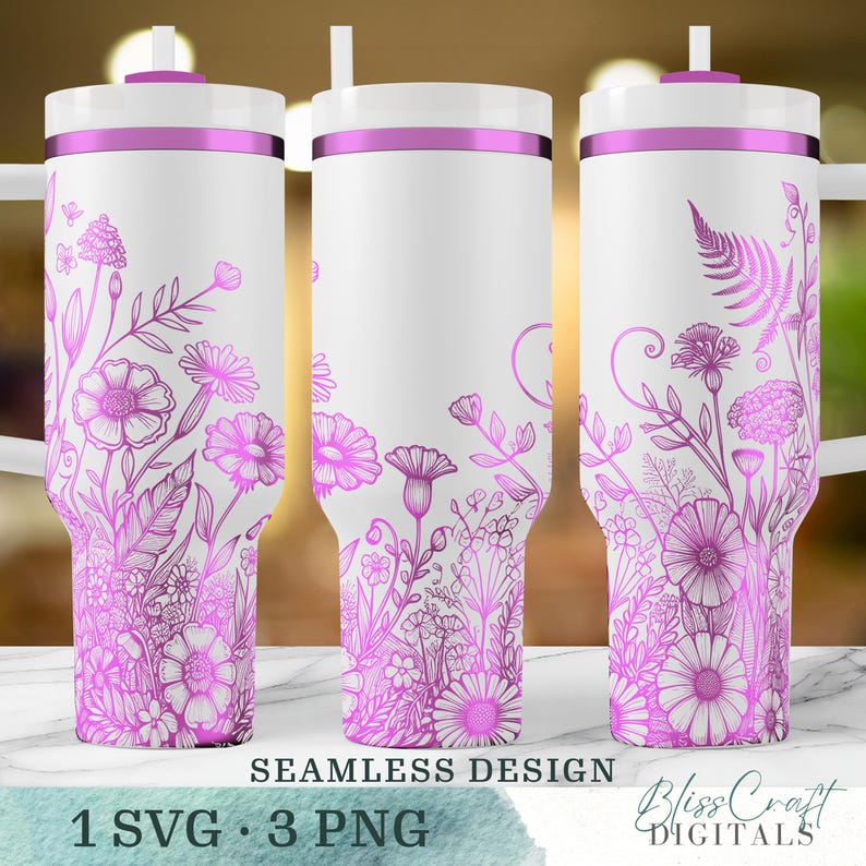 Seamless Floral Garden Wildflowers SVG, Custom name 40oz Laser Engraved Water Bottle, Engraved 40oz Wrap Design, Laser Full Wrap Design image 3