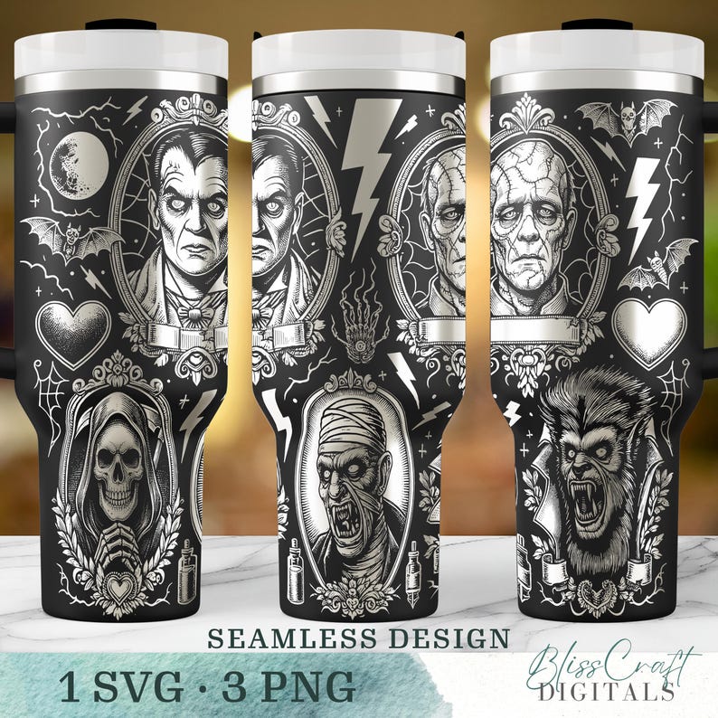May include: Black and white tumbler featuring classic horror movie monsters such as Dracula, Frankenstein's monster, and the Mummy. The design includes bats, lightning bolts, and a skull. The tumbler has a black handle and a white lid.
