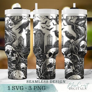 May include: A sublimation design featuring a black and white illustration of a spooky graveyard scene with skulls, ravens, and trees. The design is seamless and can be used for tumblers, mugs, or other items.