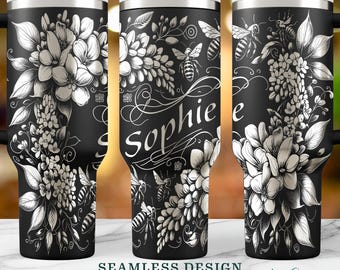 Bee and Wisteria Seamless Design, Floral Laser Engraved 40oz Tumbler Wrap, Customizable Full Wrap Design, Personalized Engraved Tumbler SVG