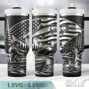 May include: A black and white tumbler featuring a design of a fisherman holding a fishing rod, a trout leaping from the water, and an American flag. The tumbler is a sublimation design for a 20 oz. tumbler.