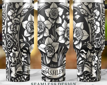 Narciso sin costuras, flor de nacimiento de marzo SVG, envoltura de dama de honor grabada a láser de 40 oz, diseño floral de envoltura completa para mamá para grabado, descarga digital