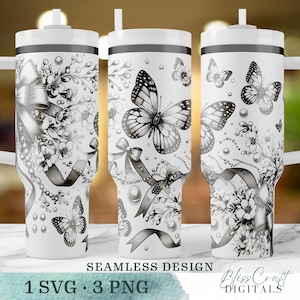 Seamless Coquette Butterfly SVG, Floral Bow & Pearl 40oz Laser Engraved Tumbler Wrap, Elegant Full Wrap Design
