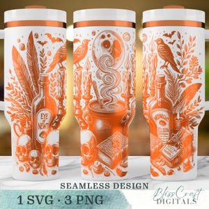 Caldero de poción de bruja SVG, Libro de hechizos de calavera sin costuras, Envoltura para vaso láser de 40 oz PNG, Diseño de taza grabada de Halloween, Descarga digital instantánea