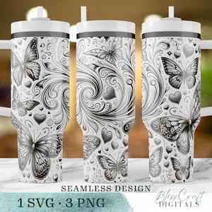 Butterfly & Hearts SVG Design, Laser Engraved 40oz Tumbler Wrap with Handle, Seamless Butterfly Wrap, Digital Download