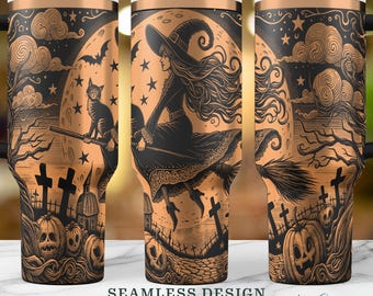 Cute Witch Ghost SVG, Seamless Witchy Halloween Bats SVG, Pumpkin 40oz Laser Tumbler Wrap PNG, Engraved Cup Design, Instant Digital Download