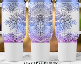 Mandala & Dragonfly SVG, Seamless Floral Dragonfly 40oz Laser Tumbler Wrap SVG File, Laser Engraved Cup Gift Design,Instant Digital Download