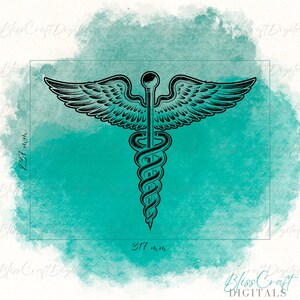 Puede incluir: Ilustraci&oacute;n en blanco y negro del caduceo, un s&iacute;mbolo asociado con la medicina, que presenta una serpiente envuelta alrededor de un bast&oacute;n con alas. La imagen est&aacute; sobre un fondo de acuarela turquesa.
