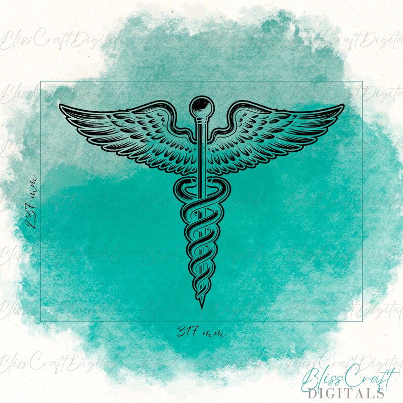 Puede incluir: Ilustraci&oacute;n en blanco y negro del caduceo, un s&iacute;mbolo asociado con la medicina, que presenta una serpiente envuelta alrededor de un bast&oacute;n con alas. La imagen est&aacute; sobre un fondo de acuarela turquesa.