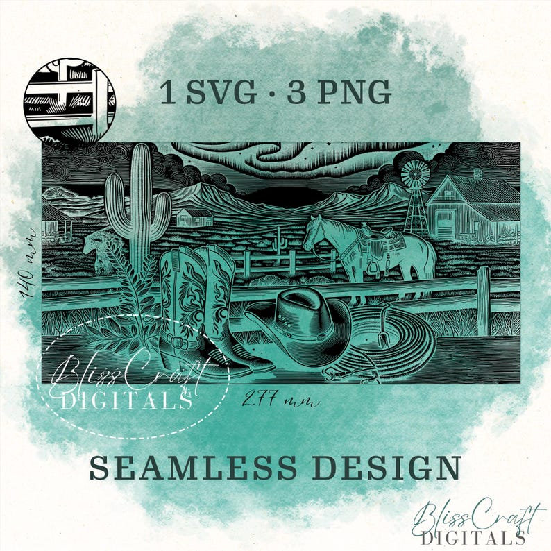 May include: A teal and black seamless design featuring a cowboy scene with a cactus, boots, a hat, a horse, and a windmill. The image includes the text "1 SVG 3 PNG" and "SEAMLESS DESIGN". The design measures 140 mm x 277 mm.