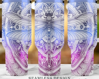 Mandala & Dragonfly SVG, Seamless Floral Dragonfly 40oz Laser Tumbler Wrap SVG File, Laser Engraved Cup Gift Design,Instant Digital Download