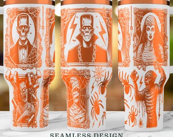 Monstruos de películas de terror clásicas SVG, envoltura de vaso láser de 40 oz con diseño retro sin costuras de Halloween PNG, diseño de taza grabado con láser, descarga digital instantánea