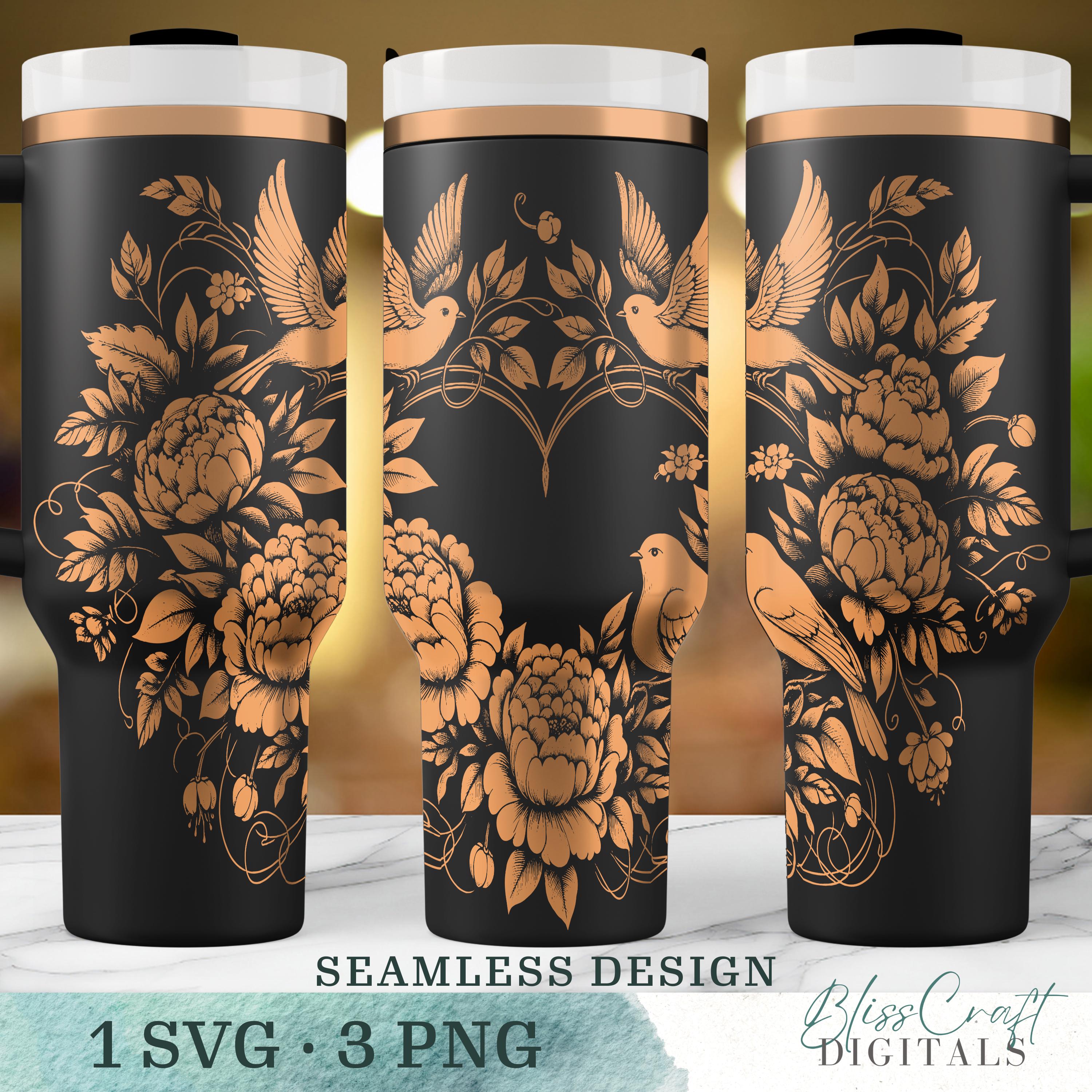 Heart Roses Lovebirds 40oz Tumbler Wrap, Peony Vines SVG & PNG ...