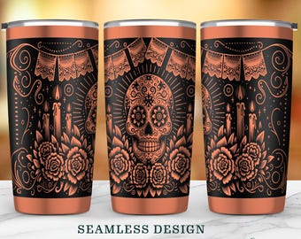 May include: Three stainless steel tumblers with a Day of the Dead design. The design features a sugar skull, candles, roses, and decorative banners in black and orange. The text "SEAMLESS DESIGN" and "1 SVG • 3 PNG" are also visible.